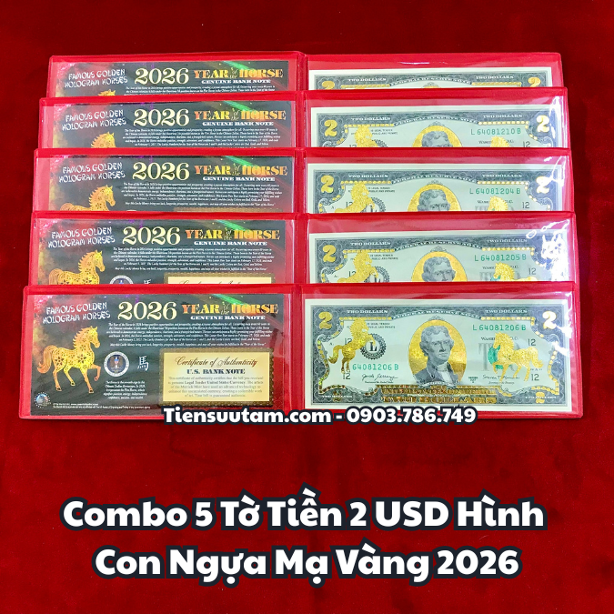 Combo 5 tờ Tiền 2 USD Hình Con Ngựa Mạ Vàng 2026